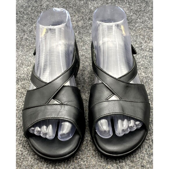 SAS Caress Cross Strap Sandals Size 6 W | Black Leather Comfort Wedge - Picture 16 of 16